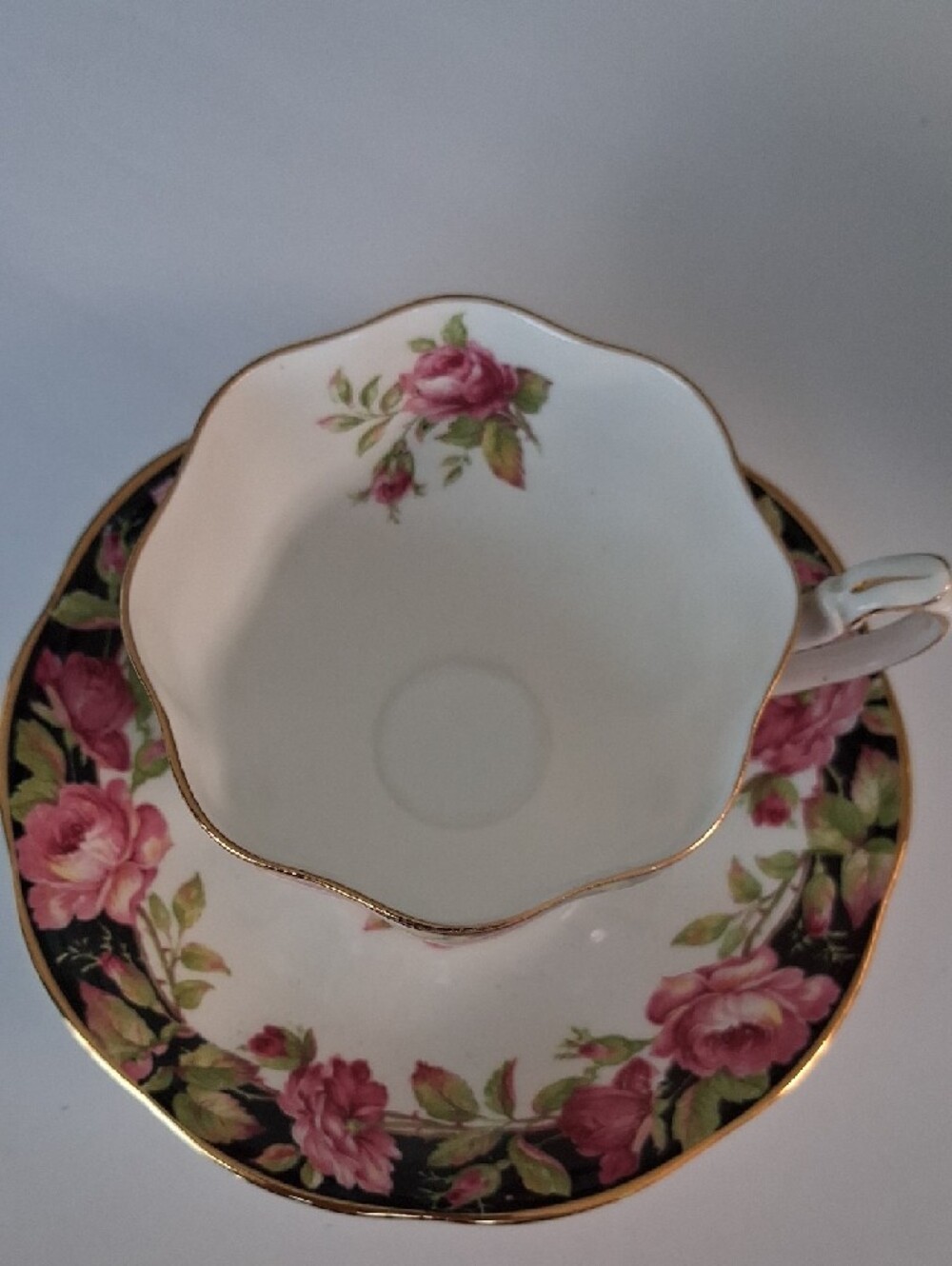 "Black Magic" Pink Rose Bone China Teacup and Saucer - Floral Tea Set - Picture 3 of 5